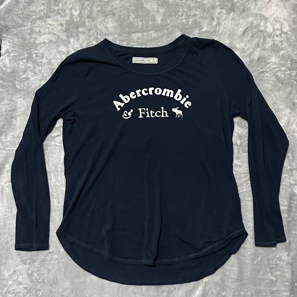 Abercrombie & Fitch Womens Navy‎ Blue Long Sleeve Graphic Logo Tee Shirt Large